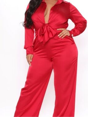 Red Satin Tie-Front Jumpsuit